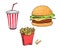 Burger. Cola. potato free. Set Colorful fast food Hand draw collection element vector illustration