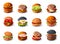 Burger collection. Cartoon raw beef sliced sandwich with lettuce tomato cheese, fast food meal with sauce. Vector burger