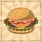 Burger colored illustration in vintage style