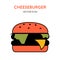 Burger colorful icon. Vector illustration of a big hot delicious cheeseburger with meat, melting cheese and green salad. Fast food