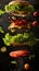 Burger deconstructed with Patties, lettuce, tomatoes hover in mid-air, exposing culinary artistry