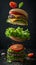 Burger deconstructed with Patties, lettuce, tomatoes hover in mid-air, exposing culinary artistry