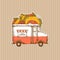 Burger delivery design template. Classic food truck with festival food. Vector illustration