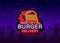 Burger delivery logo in neon style. Neon sign, light banner, design template, night neon advertising food delivery