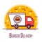 Burger delivery poster with truck. Thin line flat design. Vector icon
