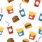 Burger, drink and fries. Seamless pattern