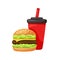 Burger with drink. Hamburger, cola in red paper cup with straw, plastic lid. Flat hand drawn icon. Traditional american fast food