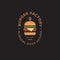 Burger factory logo. Hamburger restaurant emblem. Colored Linear flat logo. Big burger symbol and letters on a dark background.