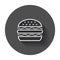 Burger fast food flat vector icon. Hamburger symbol logo illustration on black round background with long shadow.