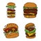 Burger fast food icons set, bitten burger, double hamburger and burger layers