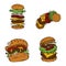 Burger fast food icons set with hambuerger layers, bitten burger and ingredients