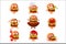 Burger Fast Food Sandwich Cartoon Humanized Character Emoji Sticker Set Of Vector Illustrations