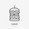 Burger flat line icon. Vector thin sign of fast food cafe logo. Large hamburger with stick illustration