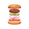 Burger with flying ingredients tomatoes, onion rings, cucumbers and grilled cutlet. Delicious snack. Flat vector design