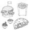 Burger, French Fries, Ketchup, Falafel Pita or Meatball Salad in Pocket Bread and Mayonnaise Sauce. Fast Food Set