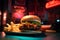 Burger and french fries in retro cafe with neon signs and light. Generative AI