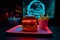 Burger and french fries in retro cafe with neon signs and light. Generative AI