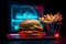 Burger and french fries in retro cafe with neon signs and light. Generative AI