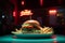 Burger and french fries in retro cafe with neon signs and light. Generative AI