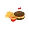 Burger, french fries and sauce, fast food dish vector Illustration on a white background