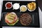 Burger french fries and sauces top view