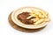 Burger with french fries served on the plate. Minced meat hamburger with potatoes isolated over white background