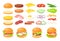 Burger fresh food ingredient set, cartoon fastfood cafe hamburger maker collection