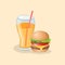 Burger and fresh orange juice- cute cartoon colored picture. Graphic design elements for menu, poster, brochure, advertising.