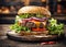 Burger with fried beef, vegetables, sauce on a rustic wooden table. Junk food concept