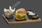 Burger with fried meat, garnish fried potatoes and three kinds o