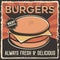 Burger Hamburger Beef Pork Chicken Cheese Signage Poster Retro Rustic