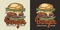 Burger or hamburger for logo of cafe. American fast food or USA food for restaurant