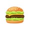 Burger with hamburger patty, cheese, lettuce, sesame. Flat hand drawn icon of traditional american fast food. Color cartoon