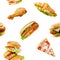 Burger, hotdog, sandwich, chicken leg and pizza Pattern Background Design. fast food, Isolated on White Background