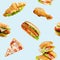 Burger, hotdog, sandwich, chicken leg and pizza Pattern Background Design. fast food, Isolated on White Background