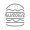 Burger icon. Gray vector sign isolated. Hand drawn illustration symbol for fast food, logo, hamburger, snack, label, product