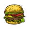 Burger include cutlet, tomato, cucumber and salad on white background.