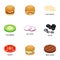 Burger ingredient icons set, cartoon style
