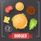 Burger ingredients. Burger parts on chalkboard. Burger with signed ingredients. Set food burger. Original burger recipe