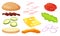 Burger ingredients diy collection. Set of isolated ingredients for build your own burger and sandwich. Sliced vegetables