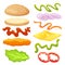 Burger ingredients diy collection. Set of isolated ingredients for build your own burger and sandwich. Sliced vegetables