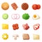 Burger ingredients top view icons set, cartoon style