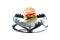 Burger in a large metal bear trap, close-up. The concept of gluttony, obesity, fast food, addiction, malnutrition. 3D render, 3D