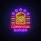 Burger logo vector. American burger, design template light emblem, burger street food neon sign, light banner, neon