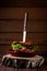 Burger made with hashbrown potatoes, salad, beef patty, cheese, tomatoes, concept of menu for restaurant in rustic style, wooden