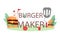 Burger maker typographic header. Chef cook tasty hamburger