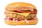 Burger with meat cutlet, tomatoes, grated cheese on a white background.