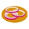 Burger meat icon isometric vector. Raw minced meat in cutlet form and onion ring