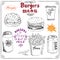 Burger Menu hand drawn sketch. Fastfood Poster with hamburger, cheeseburger, potato sticks, soda can, coffee mug and beer can. Vec