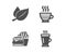 Burger, Mint leaves and Cafe creme icons. Latte sign. Cheeseburger, Mentha herbal, Hot coffee. Tea glass mug. Vector